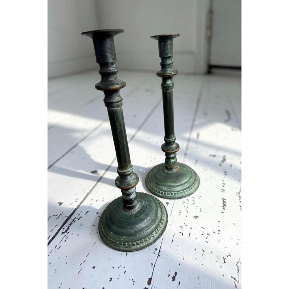 Vintage Verdigris Metal Candlestick Holders Set of 2 Aged Taper Candle Holders